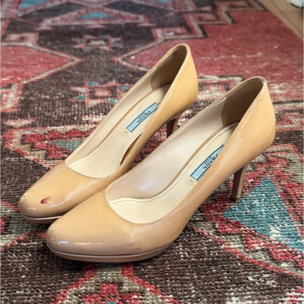 Prada platform nude patent heels